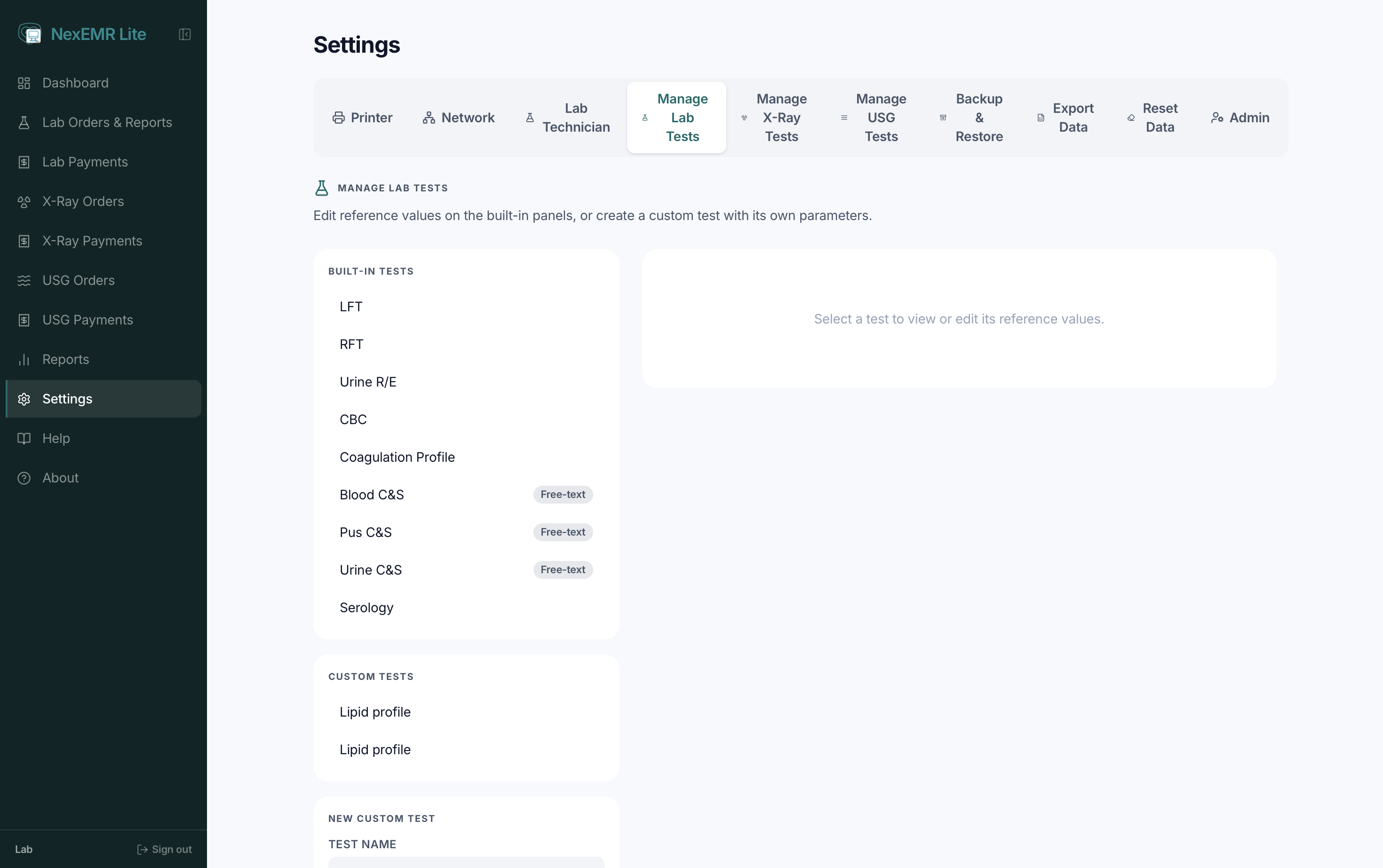 Laboratory test management screen