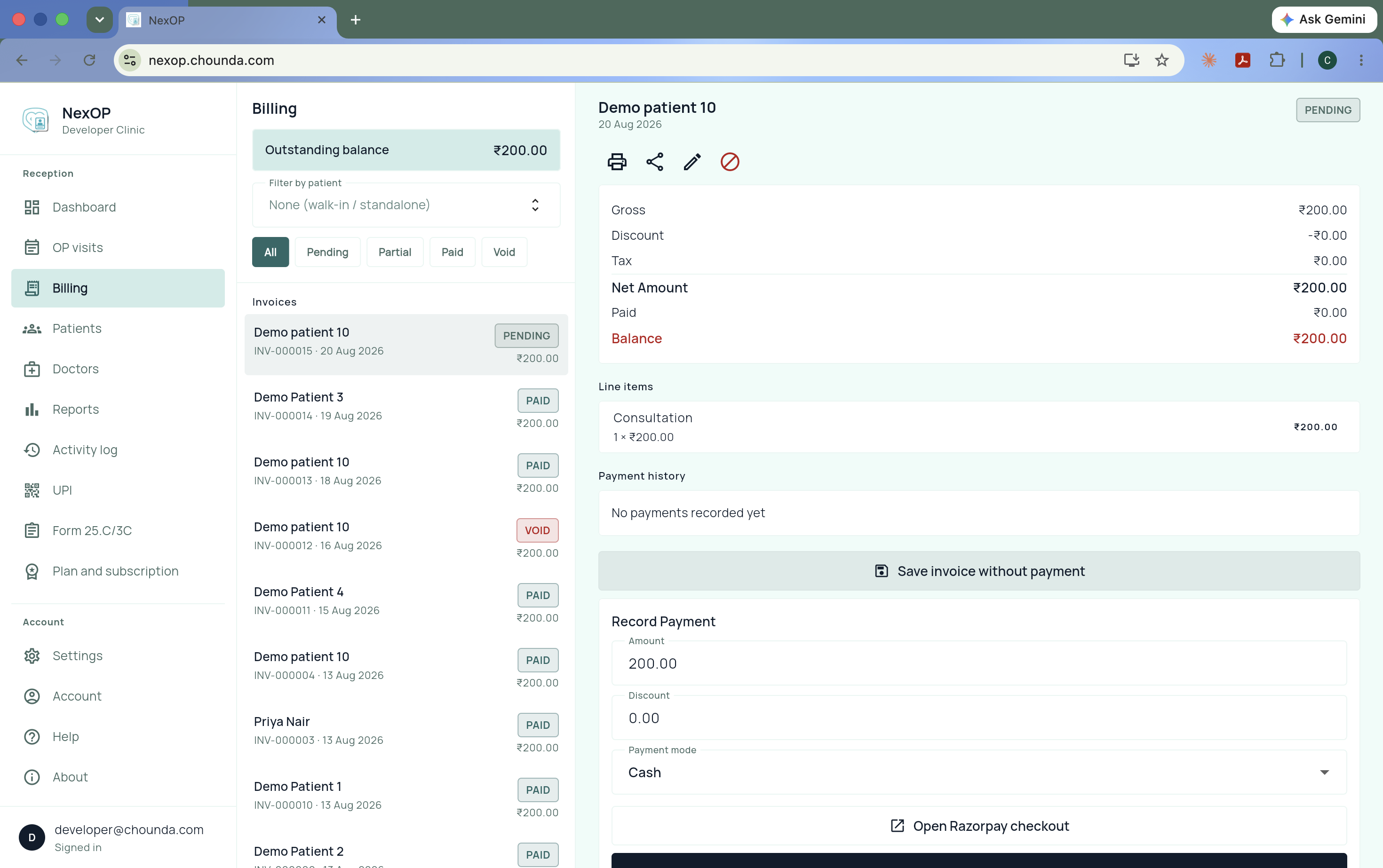 NexOP billing screen on desktop: outstanding balance, invoice list with paid, pending and void states, and full invoice detail with line items and record-payment form